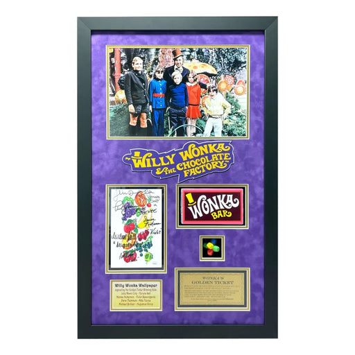 Willy Wonka Kids x5 Signed Wallpaper Framed Gobstopper Bar Collage JSA COA